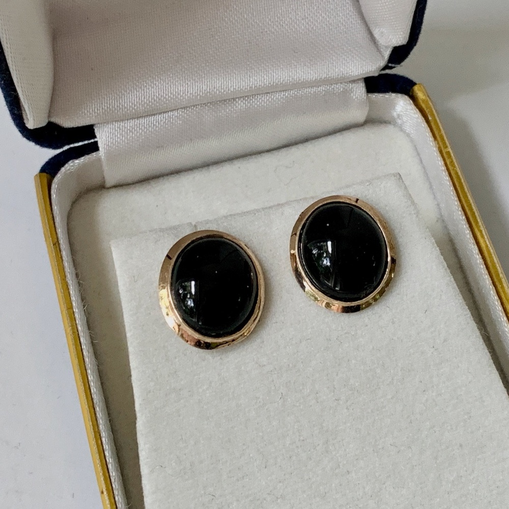 Pierced Earrings - 14k Gold with Oval Onyx Stones
